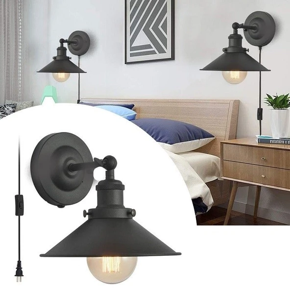 RİOLİGHT RETRO RUSTİK SİYAH MAFSALLI HAREKETLİ BAŞLIK FİŞLİ AHAHTARLI KABLOLU DUVAR APLİK ÇAP:23CM ürün görseli 1