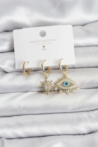 Göz Model Gold Renk Pirinç 3'lü Kadın Küpe Seti - TJ-BKP11439 ürün görseli 1