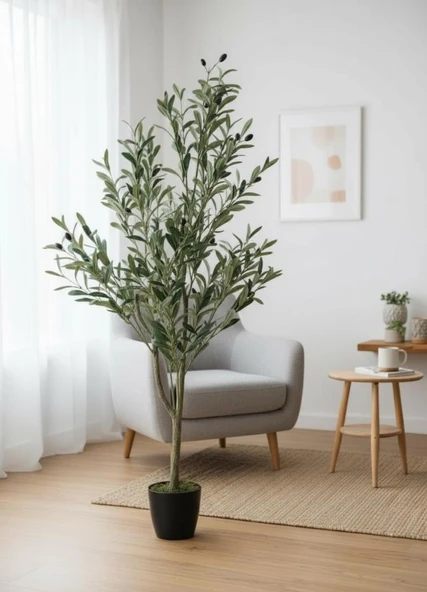 Yapay Zeytin Ağacı 120cm Doğal Görünümlü Yapay Ağaç Siyah Saksıda ürün görseli 1