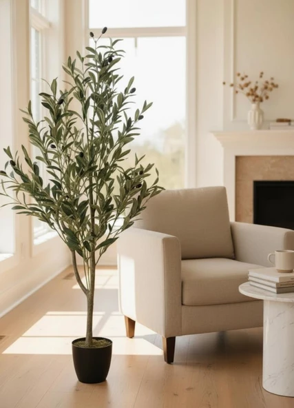 Yapay Zeytin Ağacı 120cm Doğal Görünümlü Yapay Ağaç Siyah Saksıda - Resim 6