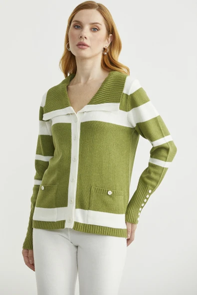 Şal Yaka Düğmeli Yün Triko Hırka - Yeşil - Resim 2