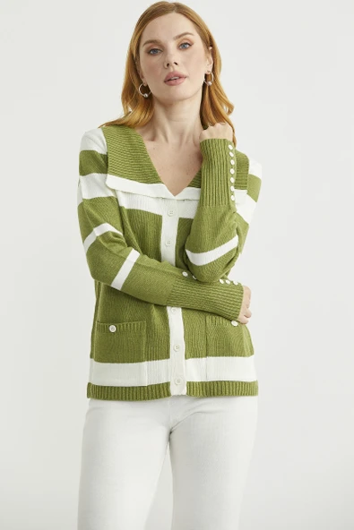 Şal Yaka Düğmeli Yün Triko Hırka - Yeşil - Resim 5