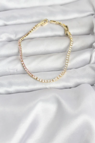Pembe ve Beyaz Zirkon Taşlı Gold Renk Su Yolu Kadın Bileklik - TJ-BB8150 ürün görseli 1
