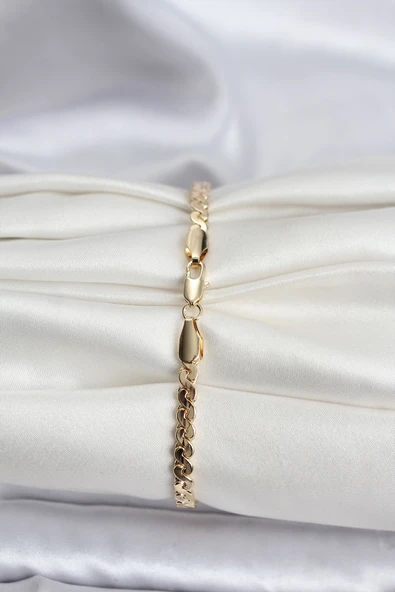 14K Gold Renk Kaplama Ezme Yılan Zincir Model CM Kadın Bileklik - TJ-BB8133 - Resim 2