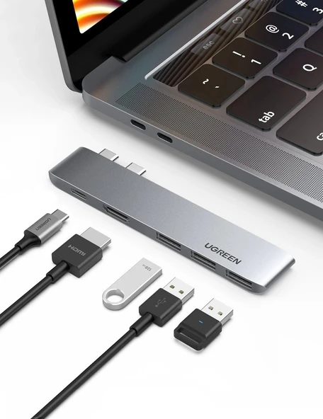UGREEN 5-in-2 1xUSB-C Gen2 4K/60Hz/10 Gbps/ 100W, 1xHDMI 4K/30Hz, 3xUSB-A 3.0 5Gbps MacbookPro/Air için Port Çoklayıcı Hub, 60559 - Resim 2