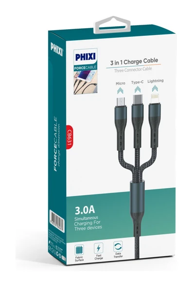 Force CB631 Örgü 3 in 1 Mikro / Lightning / Type-C Data Şarj Kablosu - Resim 2