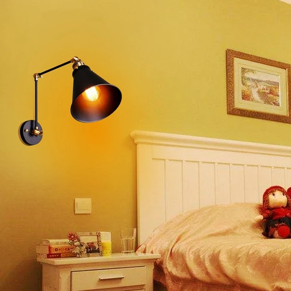 RİOLİGHT RETRO,RUSTİK,VİNTAGE SİYAH 1XE27 DUYLU MAFSALLI1 HAREKETLİ BAŞLIK YATAK BAŞI DUVAR APLİK ürün görseli 1