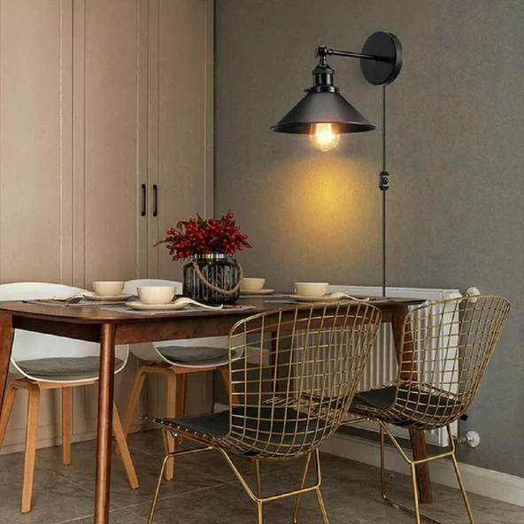 RİOLİGHT VİNTAGE,RETRO RUSTİK SİYAH METAL 1XE27 HAREKETLİ BAŞLIK FİŞLİ,KABLOLU APLİK ÇAP:23CM ürün görseli 1