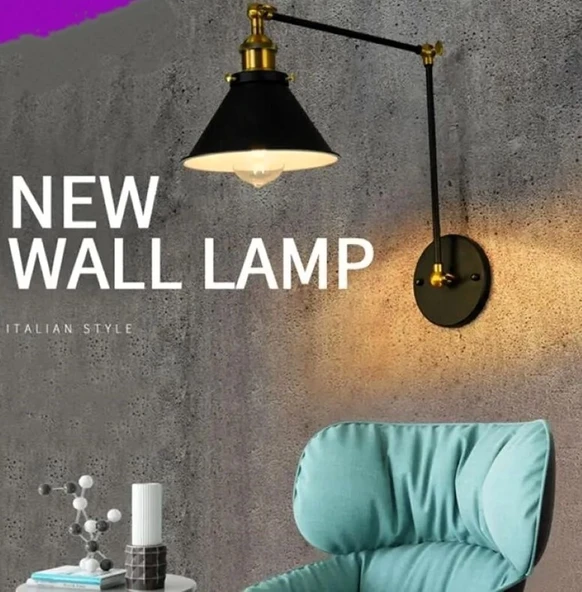 RİOLİGHT RETRO,VİNTAGE SİYAH ESKİTME MAFSALLI 1XE27 DUYLU HAREKETLİ BAŞLIK METAL AKROBAT DUVAR APLİK ürün görseli 1