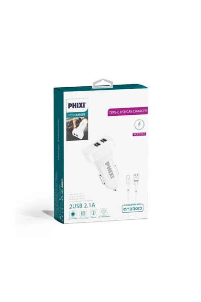 Pcc511t Basic 2.1a Çift Çıkışlı Type-c Usb Kablolu Araç Şarj Cihazı - Resim 2