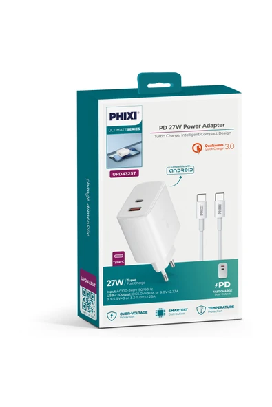 PHİXİ ULTİMATE UPD4325T 27W PD ÇİFT ÇIKIŞLI TYPE-C HIZLI ŞARJ CİHAZI - Resim 3