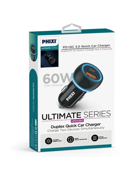 PHİXİ UPD4260 ÇİFT ÇIKIŞLI PD DESTEKLİ 60W ARAÇ ŞARJ ADAPTÖRÜ - Resim 2