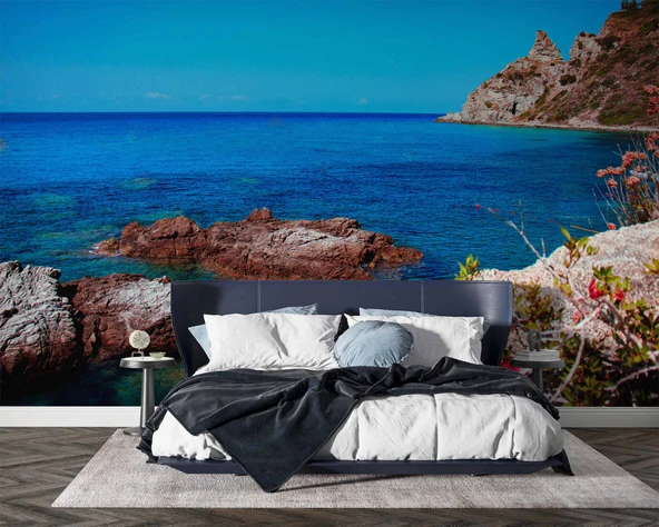 Deniz ve Tepe Manzaralı Duvar Kağıdı Baskı - Resim 2