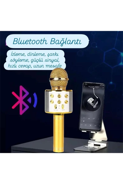 Türkçe Seslendirme Karaoke Mikrofonu Bluetooth Mikrofon Bluetooth Speaker Hoparlör Aux-Tf-Usb Giriş - Resim 2
