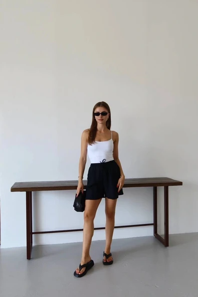 Müslin kumaş şort bağcıklı siyah pt - Resim 3