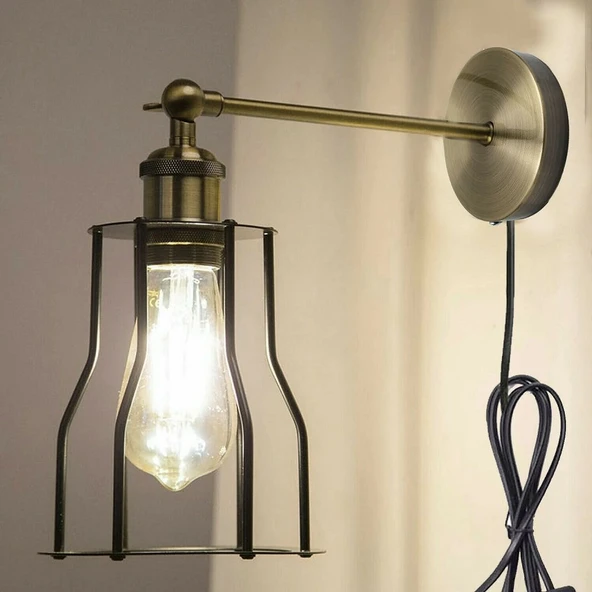 RİOLİGHT VİNTAGE2,RUSTİK2,RETRO2 ESKİTME 1XE27 DUYLU KAFES KABLOLU FİŞLİ ANAHTARLI METAL DUVAR APLİK ürün görseli 1