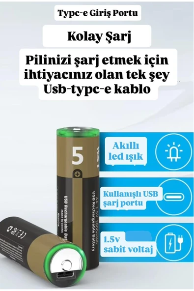 Kalın Pil Kalem Pil USB Type-C Kablo ile Şarj Edilebilir Lityum 2'li Kalem Pil 1.5V AA / 3200 mWH - Resim 4