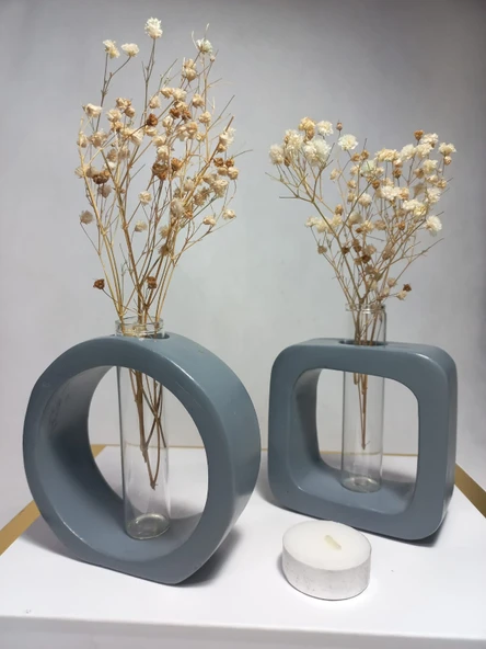 Gri Masaüstü Minimal 2'li Vazo Seti, Yuvarlak-Kare Formlu, Cam Tüplü Vazo - Resim 5