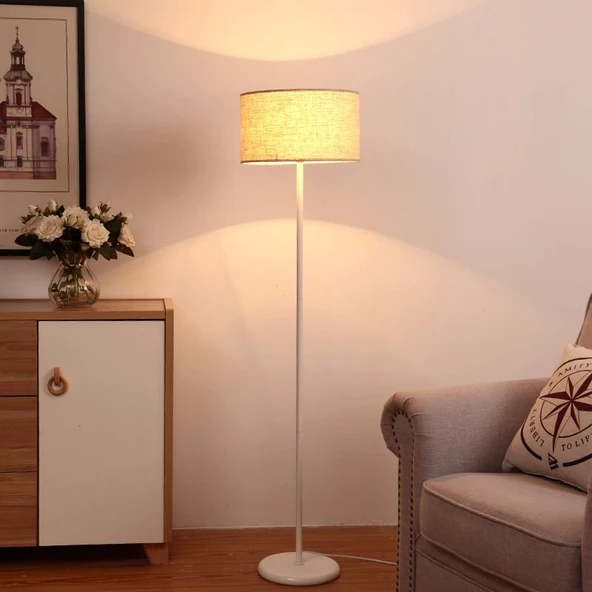 RİOLİGHT RETRO,RUSTİK,VİNTAGE BEYAZ GÖVDE KREM KUMAŞ BAŞLIK LAMBADER KÖŞE LAMBASI ürün görseli 1