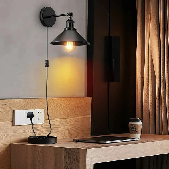 RİOLİGHT RETRO1,VİNTAGE1, RUSTİK1 SİYAH METAL 1XE27 HAREKETLİ BAŞLIK FİŞLİ,KABLOLU APLİK ÇAP:23CM ürün görseli 1