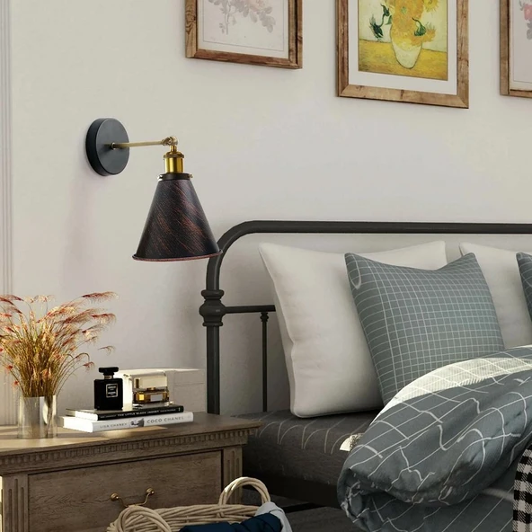 RİOLİGHT VİNTAGE,RUSTİK FIRÇALI BAKIR PATİNALI ESKİTME MAFSALLI HAREKETLİ BAŞLIK METAL DUVAR APLİK ürün görseli 1