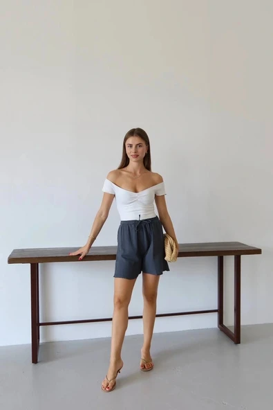 Müslin kumaş şort bağcıklı antrasit pt - Resim 3