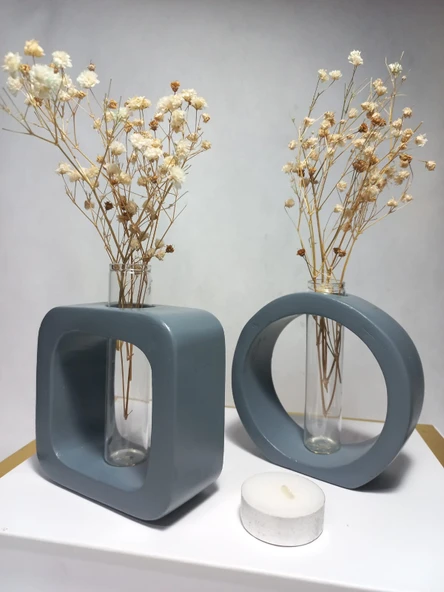 Gri Masaüstü Minimal 2'li Vazo Seti, Yuvarlak-Kare Formlu, Cam Tüplü Vazo - Resim 4