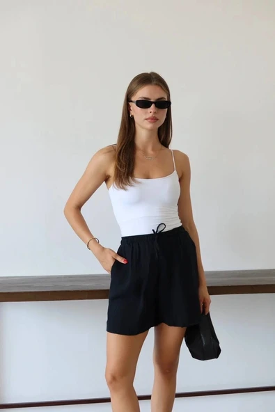 Müslin kumaş şort bağcıklı siyah pt ürün görseli 1