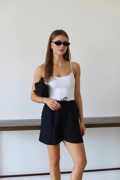 Müslin kumaş şort bağcıklı siyah pt - Resim 5