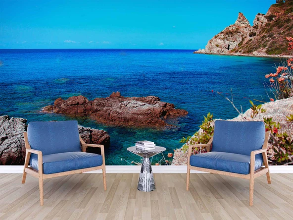 Deniz ve Tepe Manzaralı Duvar Kağıdı Baskı - Resim 6