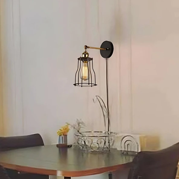 RİOLİGHT VİNTAGE1,RUSTİK1,RETRO1 SİYAH KAFES 1XE27 DUYLU KABLOLU FİŞLİ ANAHTARLI METAL DUVAR APLİK ürün görseli 1