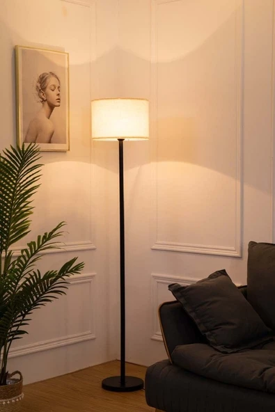 RİOLİGHT VİNTAGE,RUSTİK,RETRO SİYAH METAL GÖVDE KREM KUMAŞ BAŞLIK LAMBADER KÖŞE LAMBASI KUMAŞ ürün görseli 1