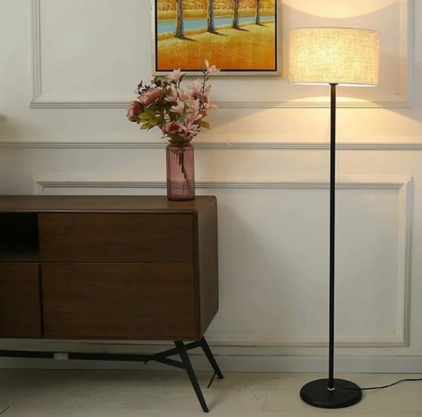 RİOLİGHT VİNTAGE1,RUSTİK,RETRO SİYAH METAL GÖVDE KREM KUMAŞ BAŞLIK LAMBADER KÖŞE LAMBASI KUMAŞ ürün görseli 1