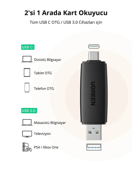 UGREEN USB-C ve USB-A 3.0 SD MicroSD Kart Okuyucu, 80191 - Resim 5