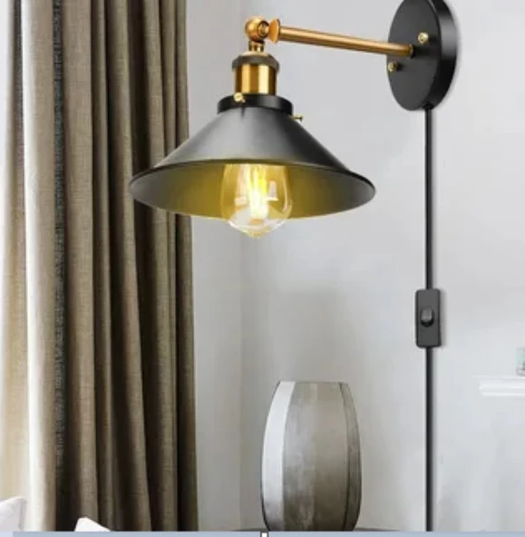 RİOLİGHT RETRO,RUSTİK,VİNTAGE HAREKETLİ BAŞLIK FİŞLİ KABLOLU DUVAR APLİK ŞAPKA ÇAPI:23CM ürün görseli 1