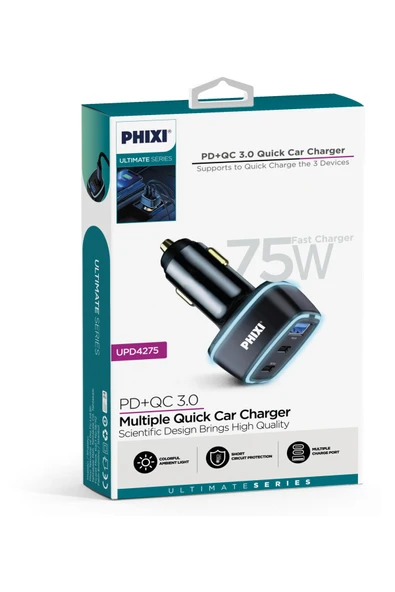PHİXİ UPD4275 ÜÇ ÇIKIŞLI PD DESTEKLİ 75W ARAÇ ŞARJ ADAPTÖRÜ - Resim 2