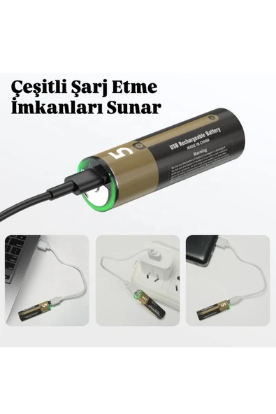 Kalın Pil Kalem Pil USB Type-C Kablo ile Şarj Edilebilir Lityum 2'li Kalem Pil 1.5V AA / 3200 mWH - Resim 5