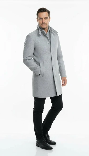 Erkek Slim Fit Kaşe Kaban – Çıkarılabilir Ribanalı Fermuarlı Yaka, S–XXL - Resim 2