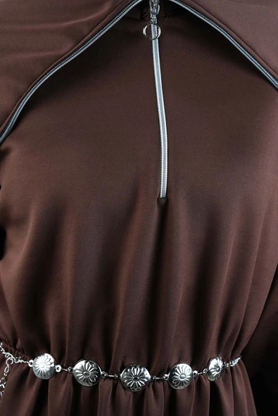 Tesettür Elbise Geniş Fermuar Yakalı Bel Lastikli Scuba Elbise Kahverengi - Resim 5