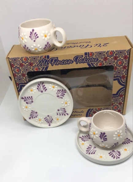 Papatya Mor Renk Desenli El Yapımı 2'li Seramik Kahve Fincan Takımı - Resim 3