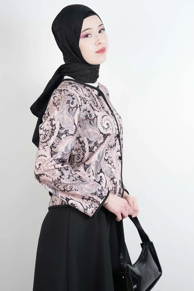 Tesettür Takım Üst Ceket Desenli Scuba Etekli İkili Takım Siyah - Resim 3