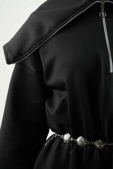 Tesettür Elbise Geniş Fermuar Yakalı Bel Lastikli Scuba Elbise Siyah - Resim 5