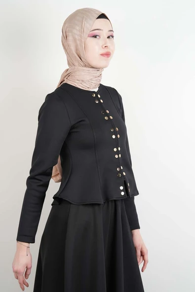 Tesettür Takım Çift Zımbalı Bel Oturtmalı Scuba Etekli Takım Siyah - Resim 2