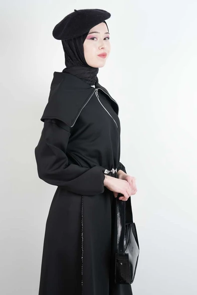 Tesettür Elbise Geniş Fermuar Yakalı Bel Lastikli Scuba Elbise Siyah - Resim 2