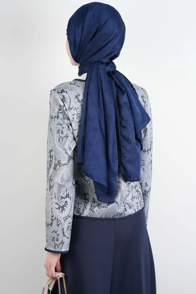 Tesettür Takım Üst Ceket Desenli Scuba Etekli İkili Takım Lacivert - Resim 3