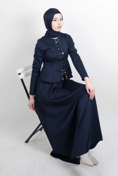 Tesettür Takım Çift Zımbalı Bel Oturtmalı Scuba Etekli Takım Lacivert ürün görseli 1