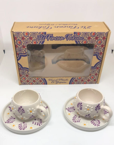 Papatya Mor Renk Desenli El Yapımı 2'li Seramik Kahve Fincan Takımı ürün görseli 1