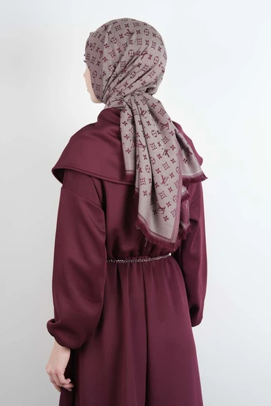 Tesettür Elbise Geniş Fermuar Yakalı Bel Lastikli Scuba Elbise Bordo - Resim 3