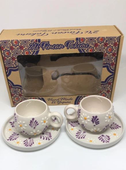 Papatya Mor Renk Desenli El Yapımı 2'li Seramik Kahve Fincan Takımı - Resim 2