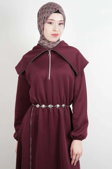 Tesettür Elbise Geniş Fermuar Yakalı Bel Lastikli Scuba Elbise Bordo - Resim 4